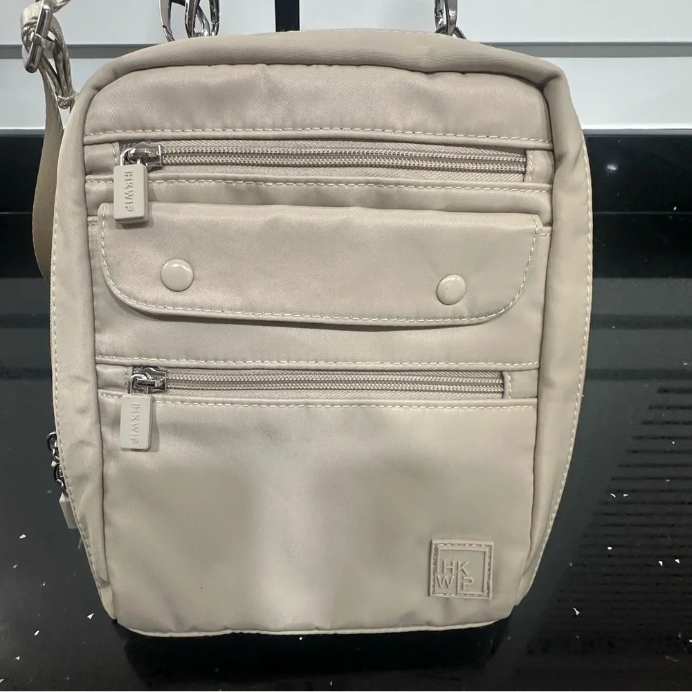 IHKWIP Nylon Multi-Pocket Everyday Essentials Crossbody Bag Tan Beige 2 straps